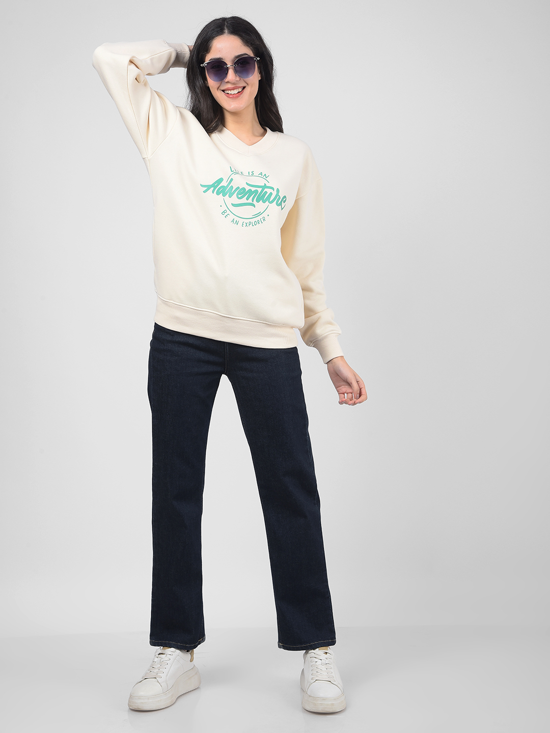 Numero Uno Women Cream V-Neck Sweatshirts